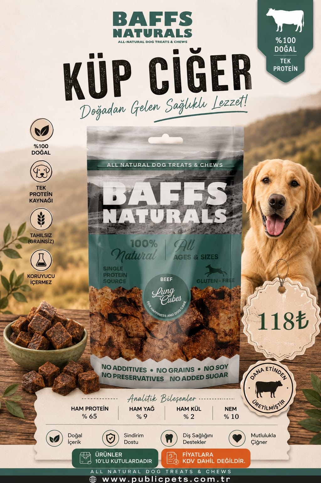 Dana Küp Ciğer %100 Doğal Köpek Ödül Maması – 100gr x 10 Adet 10+2 KAMPANYA