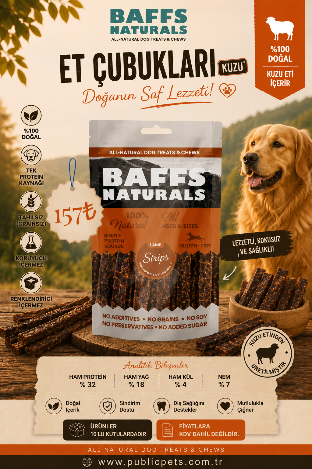 Baffs Naturals Kuzu Et Çubukları 100gr x 10 Adet 10+2 KAMPANYA