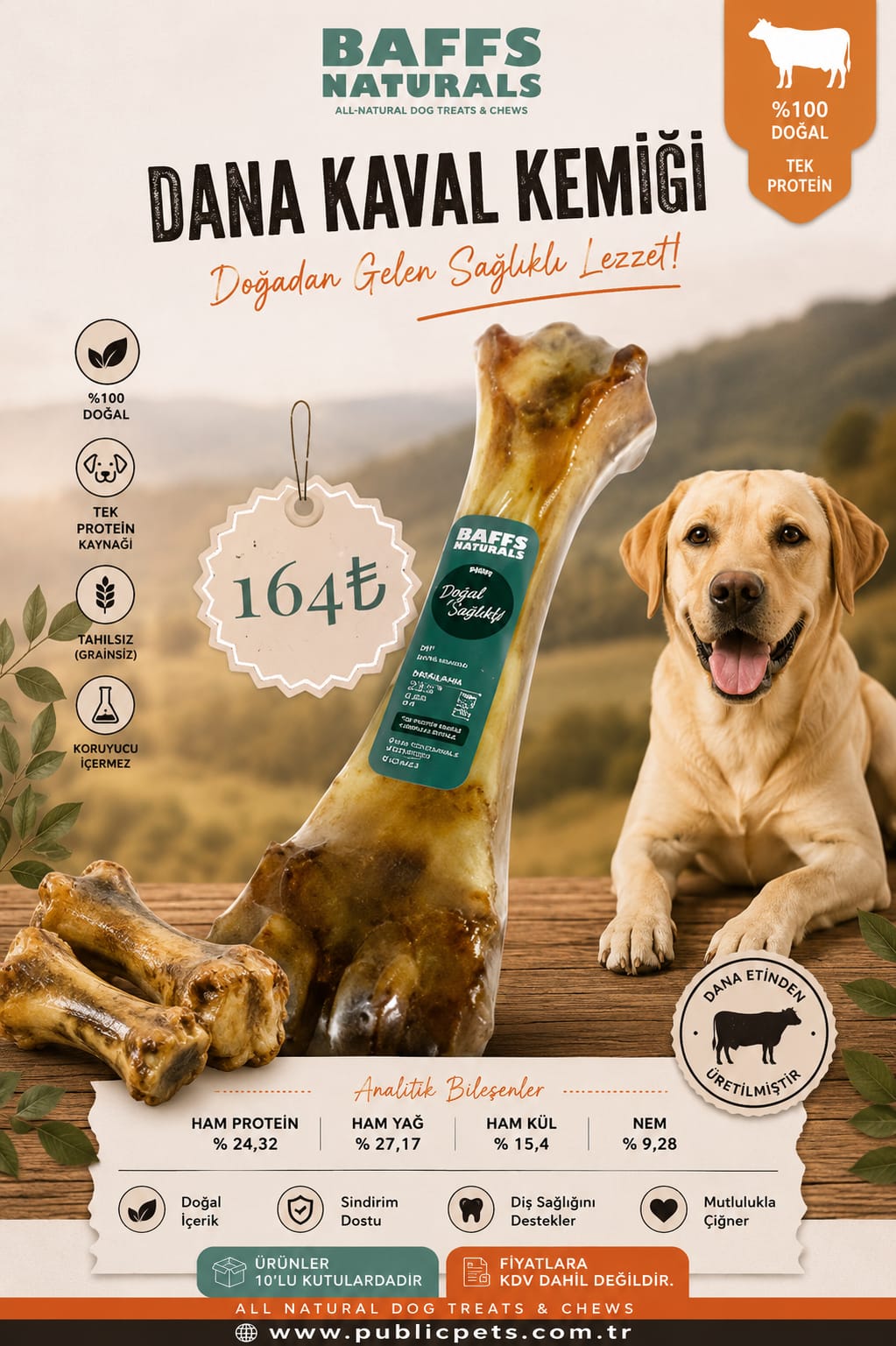 Baffs Naturals Dana Kaval Kemiği %100 Doğal – ortalama 600 g : 100gr x 10 Adet 10+2 KAMPANYA