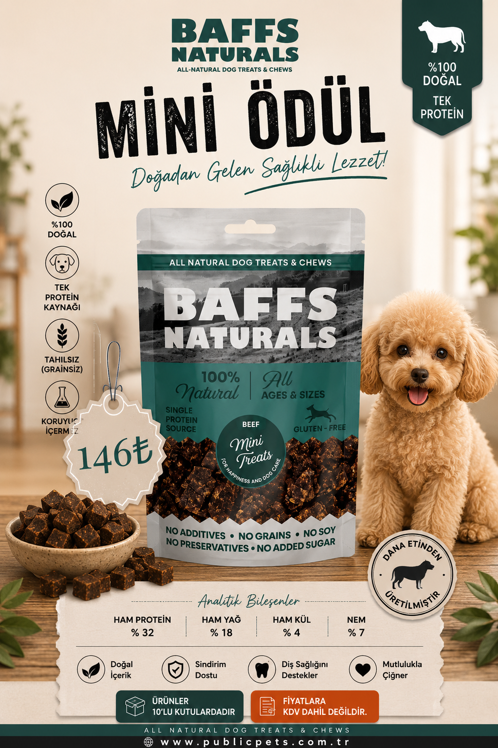 Dana Mini Ödül %100 Doğal Köpek Eğitim & Günlük Ödül Maması – 100gr x 10 Adet 10+2 KAMPANYA