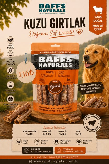 Kuzu Gırtlak %100 Doğal Çiğnemelik Köpek Ödül Maması 100gr x 10 Adet 10+2 KAMPANYA
