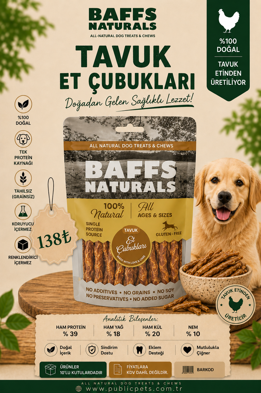 Baffs Naturals Tavuk Et Çubukları 100gr x 10 Adet 10+2 KAMPANYA