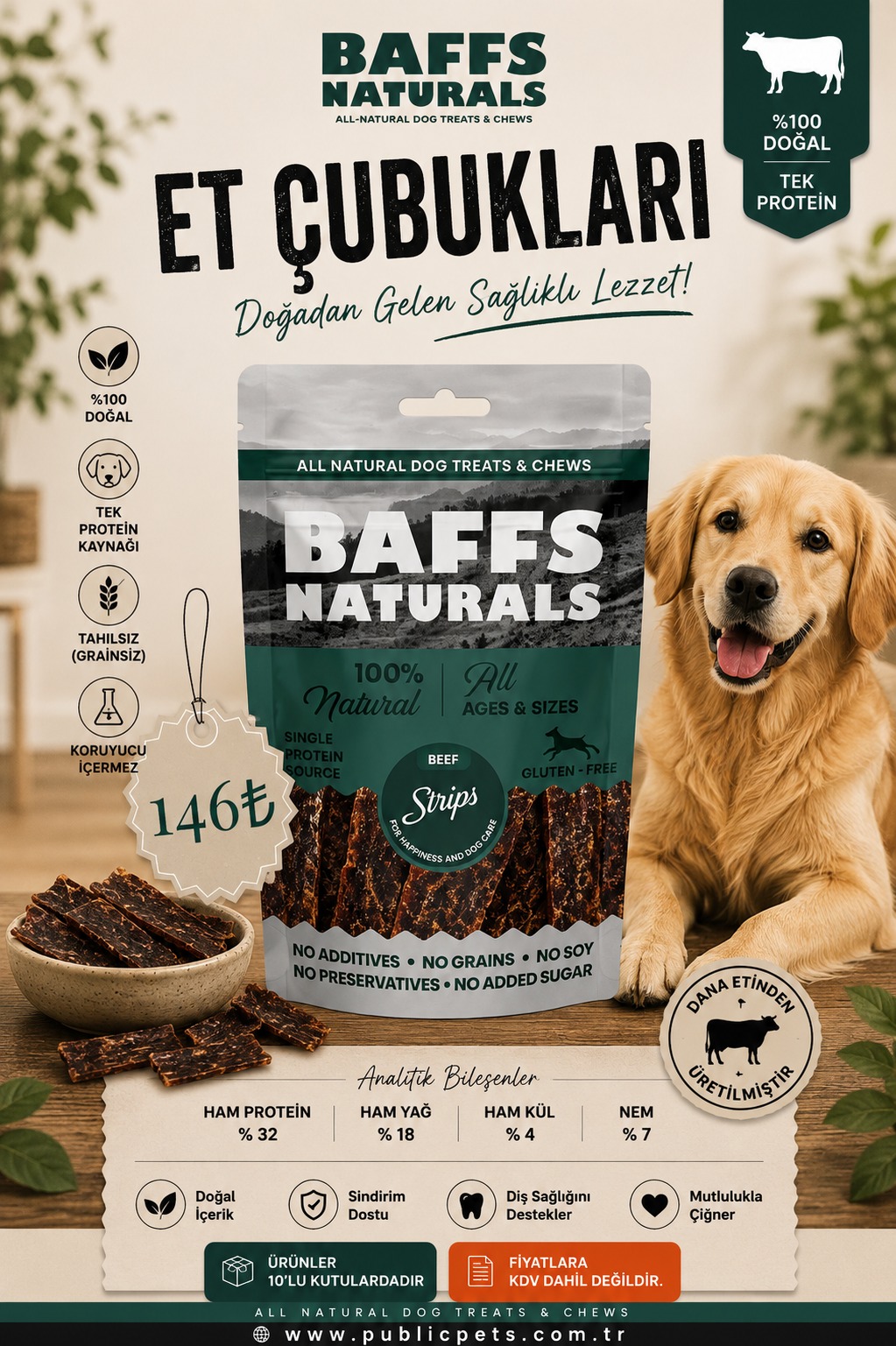 Dana Et Çubukları %100 Doğal Köpek Ödül & Çiğneme Maması – 100gr x 10 Adet 10+2 KAMPANYAYA