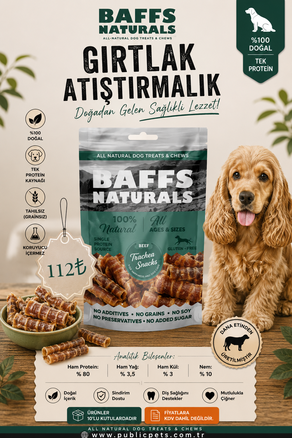 Dana Gırtlak Atıştırmalık %100 Doğal Köpek Ödül Maması – 100gr x 10 Adet 10+2 KAMPANYA