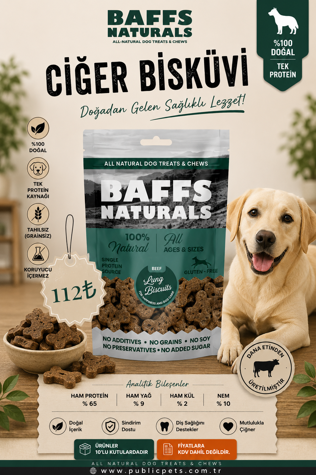 Dana Ciğer Bisküvi %100 Doğal Köpek Ödül Maması – 100gr x 10 Adet 10+2 KAMPANYA