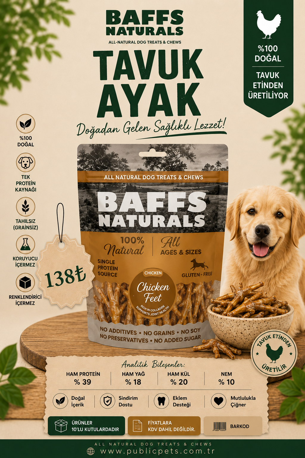 Baffs Naturals Organik Tavuk Ayak 100gr x 10 Adet 10+2 KAMPANYA