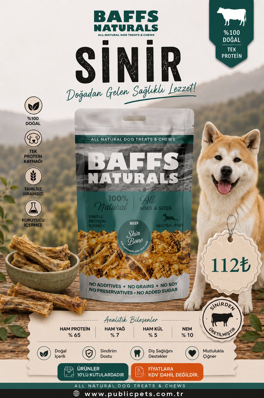 Dana Sinir %100 Doğal Köpek Çiğneme Ürünü – 100gr x 10 Adet 10+2 KAMPANYA