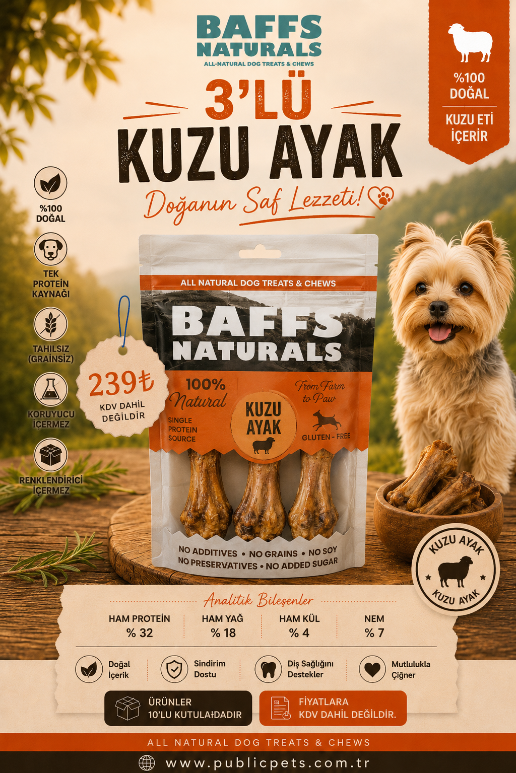 BAFFS NATURALS KUZU AYAK 3'LÜ PAKET